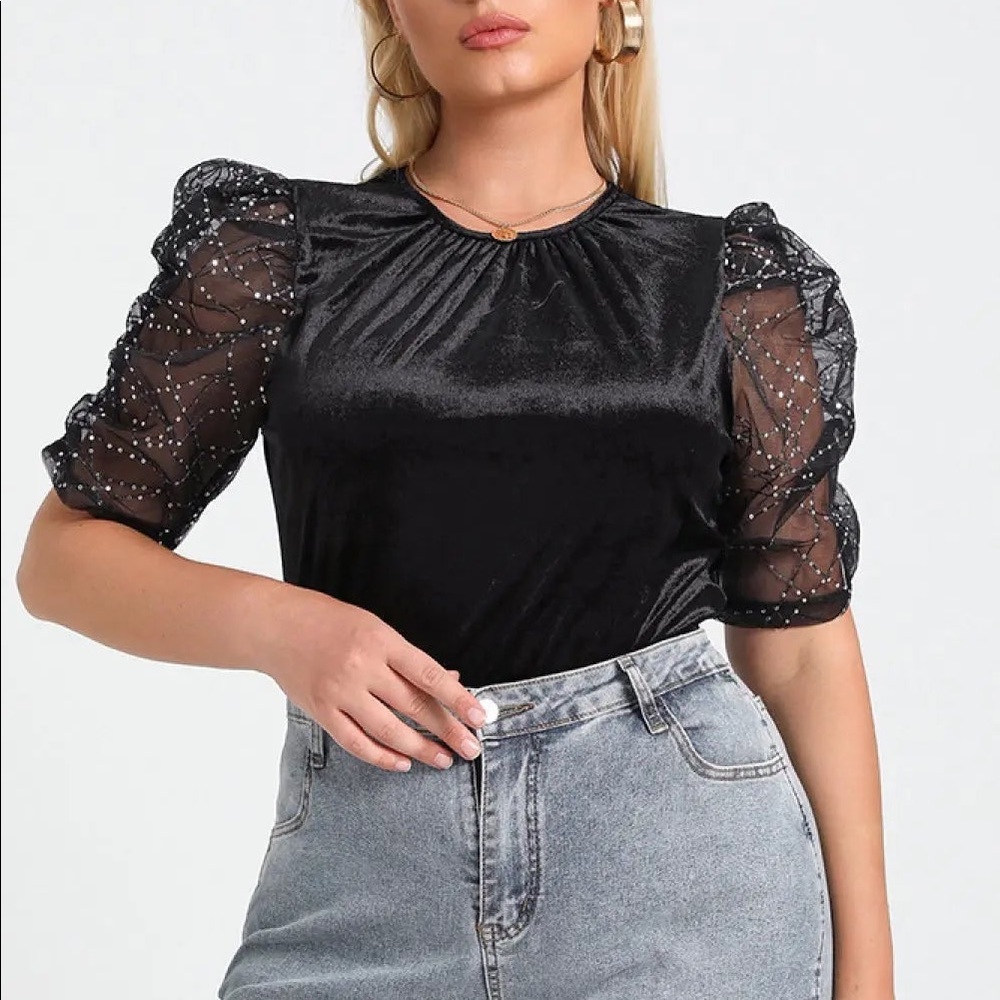 Plus Size Mesh Puff Sleeve Top XL